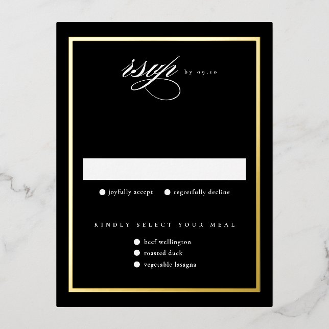 Elegant Black Gold Foil Wedding RSVP Cards (Front)