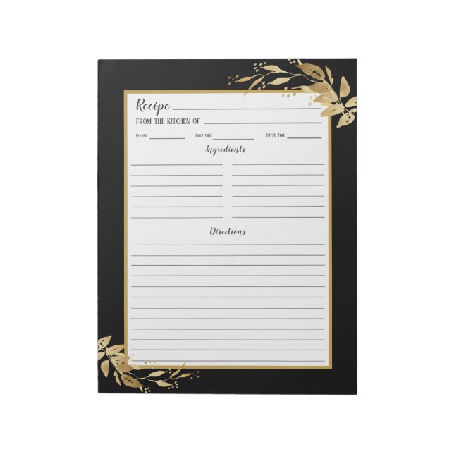 Elegant Black Gold Foliage Recipe Notepad (Rotated)