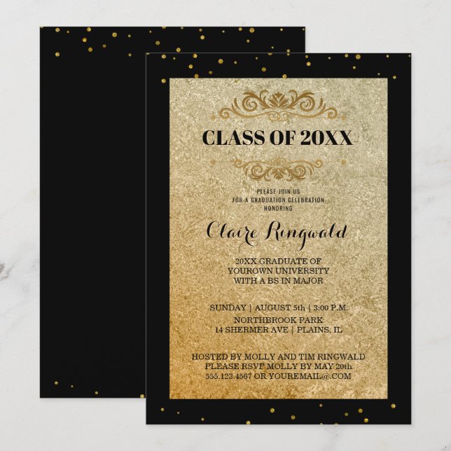 Elegant Black Gold Formal College Graduation Party Invitation (Front/Back)