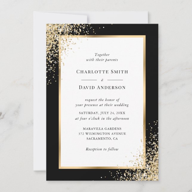 Elegant Black Gold Frame Confetti Wedding Invitation (Front)