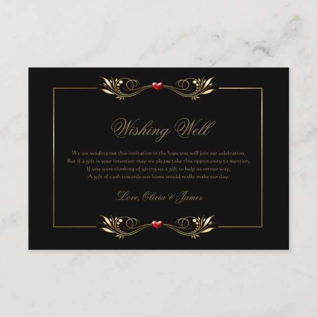 Elegant Black Gold Frame Red Heart Wishing Well Enclosure Card (Front)