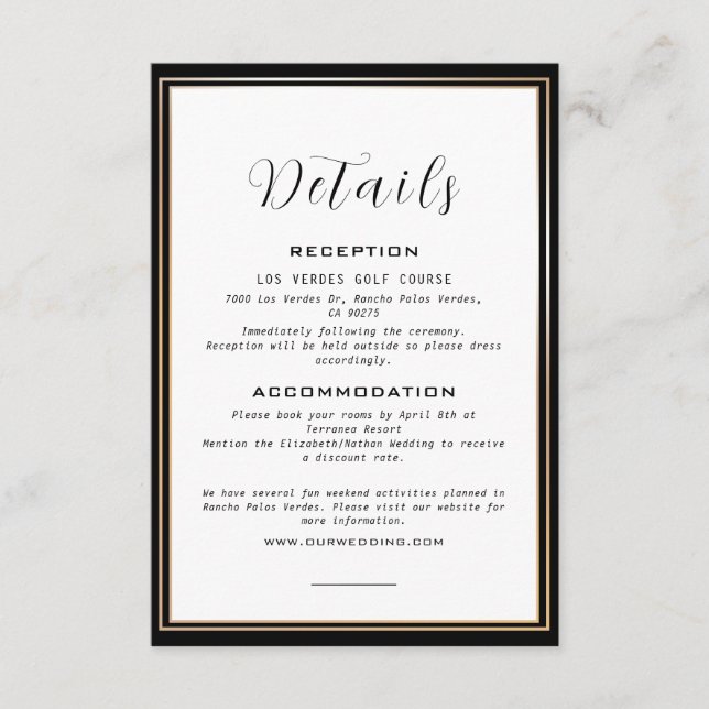 Elegant Black & Gold Frame Wedding Details Enclosure Card (Front)