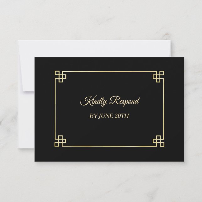 Elegant Black Gold Frame Wedding Menu RSVP (Front)