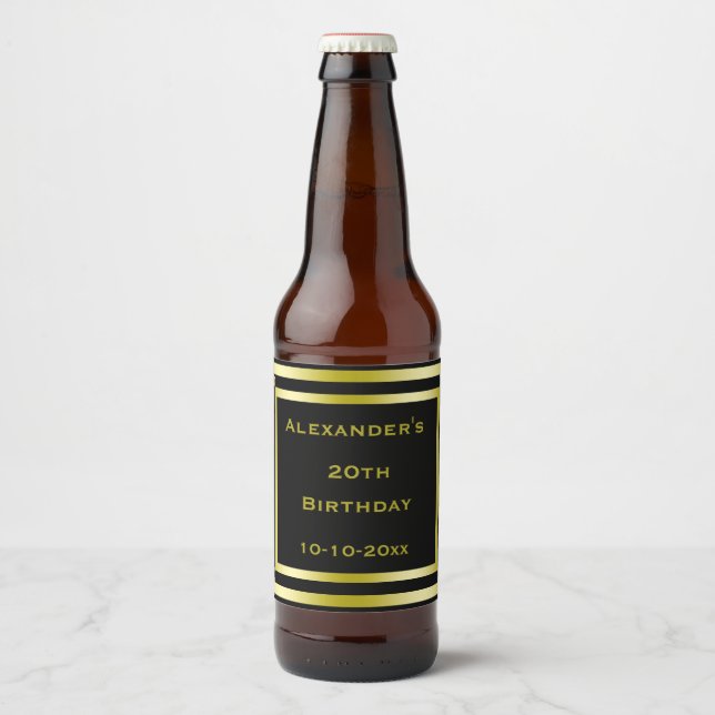 Elegant Black & Gold Framed Birthday Beer Bottle Label (Front)