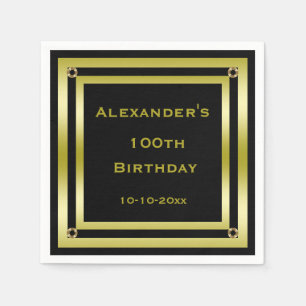 Elegant Black & Gold Framed Man's 100th Birthday Napkin