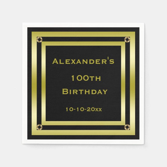 Elegant Black & Gold Framed Man's 100th Birthday Napkin (Front)