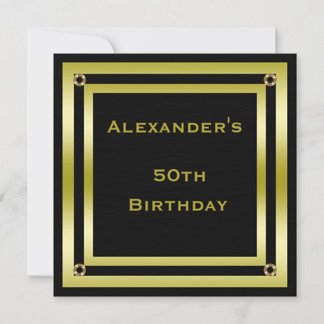Elegant Black & Gold Framed Man's 50th Birthday Invitation (Front)