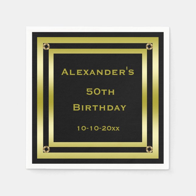 Elegant Black & Gold Framed Man's 50th Birthday Napkin (Front)