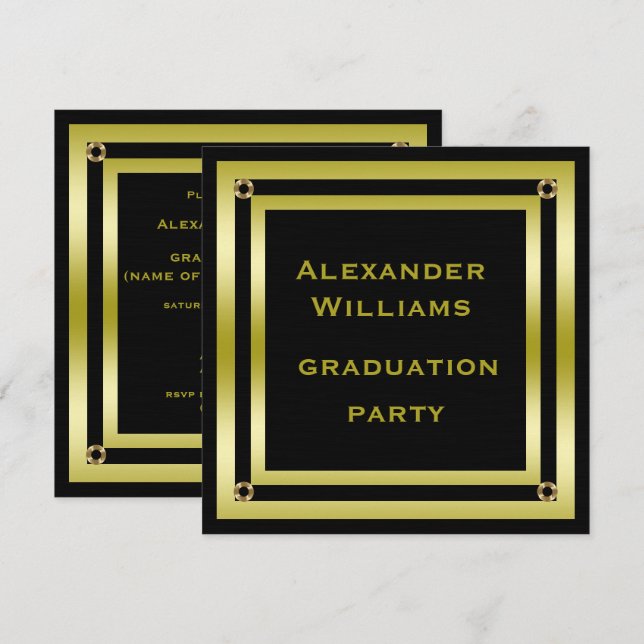 Elegant Black & Gold Framed Man's Graduation Invitation (Front/Back)