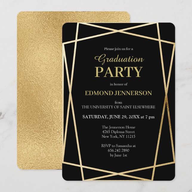 Elegant Black Gold Geometric 2025 Graduation Party Invitation (Front/Back)