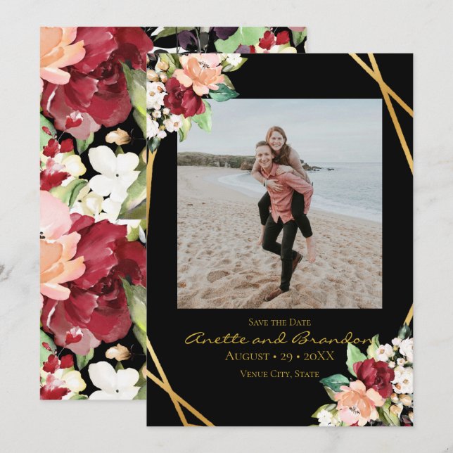 Elegant Black Gold Geometric Burgundy Floral Save The Date (Front/Back)