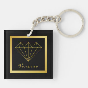 Elegant Black Gold Geometric Diamond Key Ring
