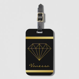 Elegant Black Gold Geometric Diamond Luggage Tag