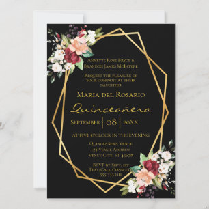 Elegant Black Gold Geometric Floral Quinceañera Invitation