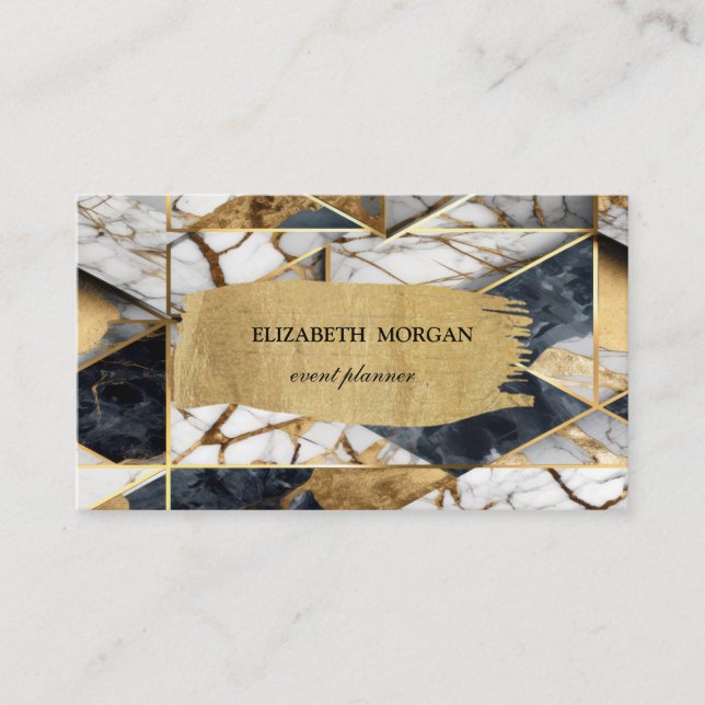 Elegant Black Gold Geometric Marble Brush Stroke  Business Card (Front)