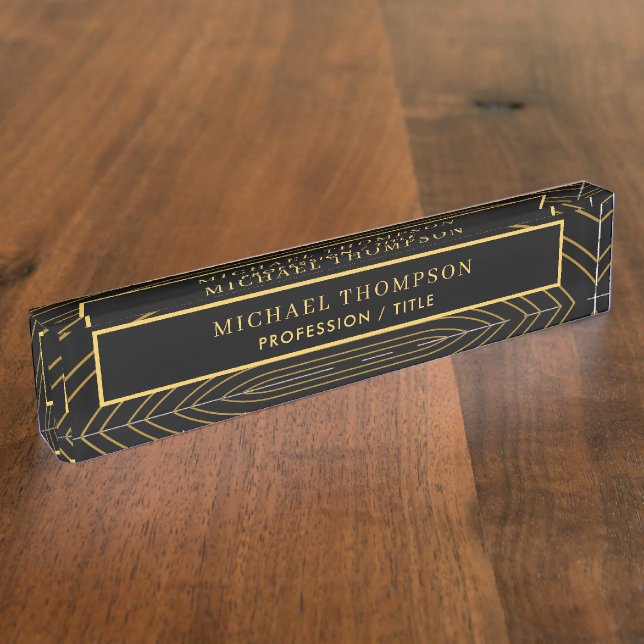 Elegant Black Gold Geometric Personalised Name  Nameplate (Side)