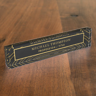 Elegant Black Gold Geometric Personalized Name Nameplate