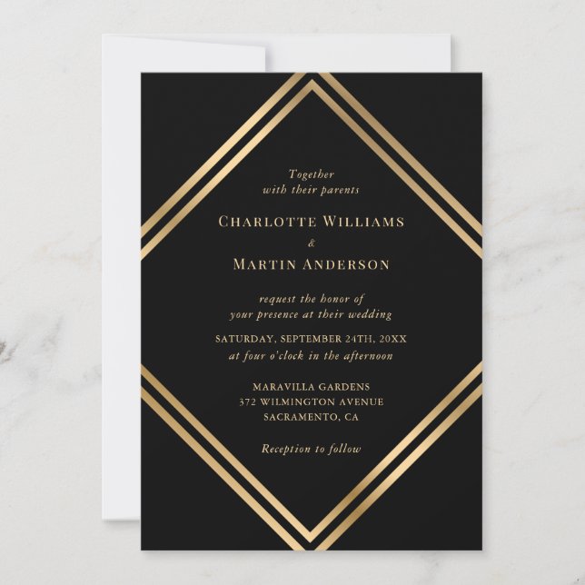Elegant Black Gold Geometric Wedding Invitation (Front)