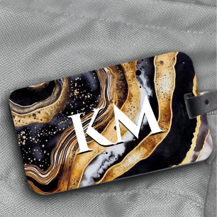 Elegant black gold girly marble art monogram  luggage tag