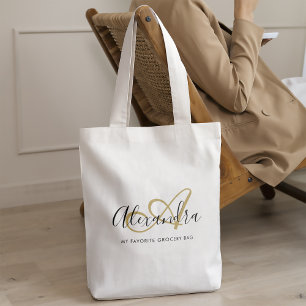 Elegant Black Gold Girly Script Name Monogram Tote Bag