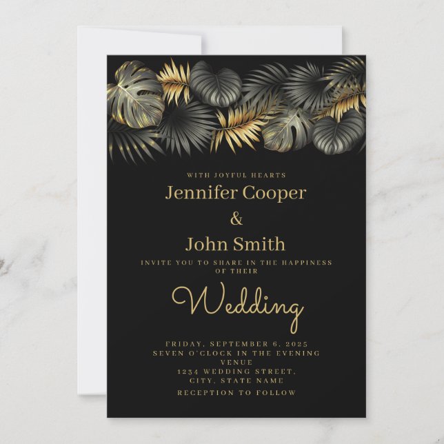 Elegant Black Gold Glam Tropical Leaf Wedding Invitation (Front)
