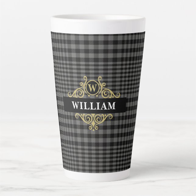 Elegant Black Gold Glen Plaid Monogram Latte Mug (Front)