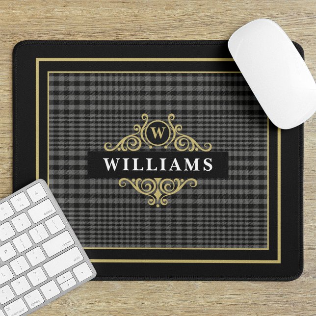 Elegant Black Gold Glen Plaid Monogram Mouse Mat (Creator Uploaded)