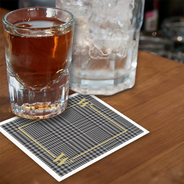 Elegant Black Gold Glen Plaid Monogram Napkin (Creator Uploaded)