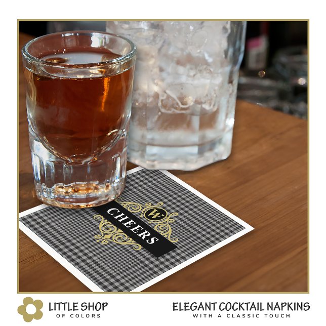 Elegant Black Gold Glen Plaid Monogram Napkin (Creator Uploaded)