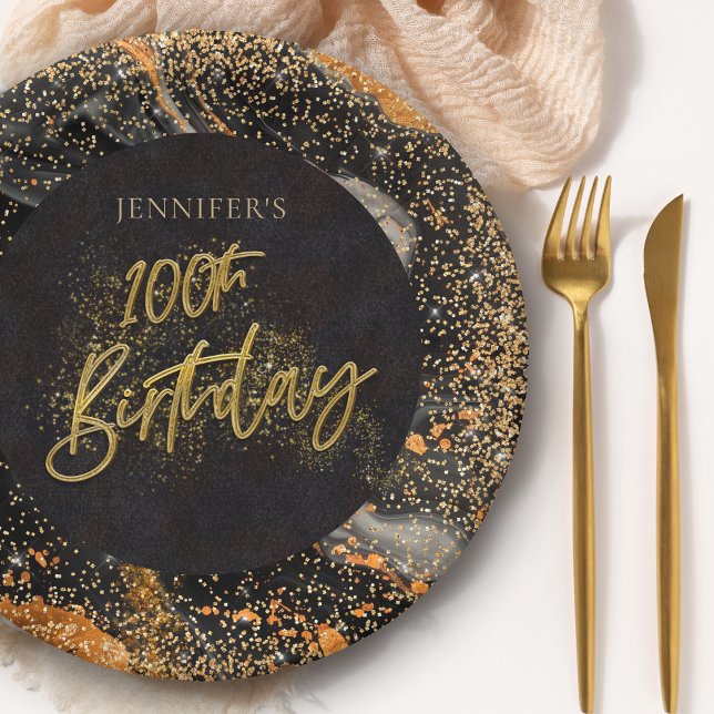 Elegant Black Gold Glitter 100th Birthday Party Paper Plate (Creator Uploaded)