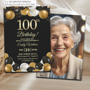 Elegant Black Gold Glitter 100th Birthday Photo Invitation