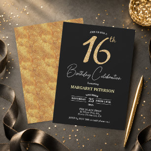 Elegant Black Gold Glitter 16th Birthday Party Invitation