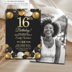 Elegant Black Gold Glitter 16th Birthday Photo Invitation
