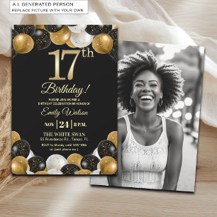 Elegant Black Gold Glitter 17th Birthday Photo Invitation