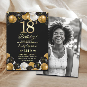 Elegant Black Gold Glitter 18th Birthday Photo Invitation