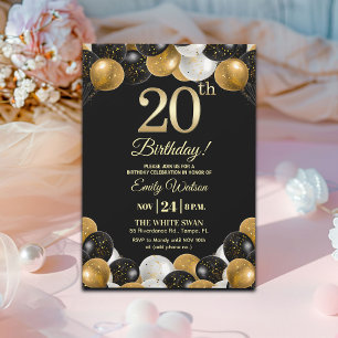 Elegant Black Gold Glitter 20th Birthday Party Invitation