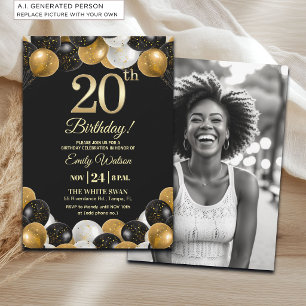 Elegant Black Gold Glitter 20th Birthday Photo Invitation