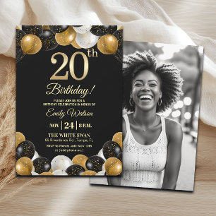Elegant Black Gold Glitter 20th Birthday Photo Invitation