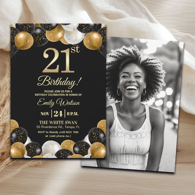 Elegant Black Gold Glitter 21st Birthday Photo Invitation (Creator Uploaded)