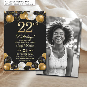 Elegant Black Gold Glitter 22nd Birthday Photo Invitation