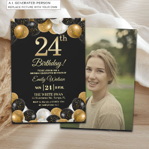 Elegant Black Gold Glitter 24th Birthday Photo Invitation