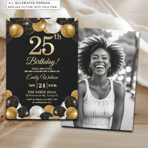 Elegant Black Gold Glitter 25th Birthday Photo Invitation