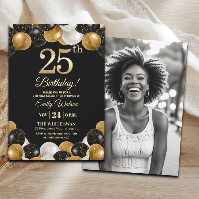 Elegant Black Gold Glitter 25th Birthday Photo Invitation (Creator Uploaded)