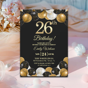 Elegant Black Gold Glitter 26th Birthday Party Invitation