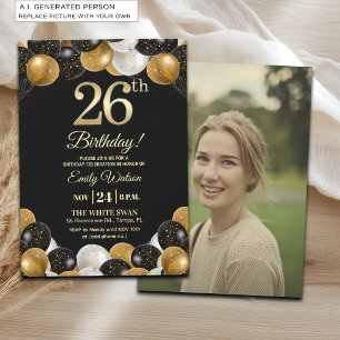 Elegant Black Gold Glitter 26th Birthday Photo Invitation
