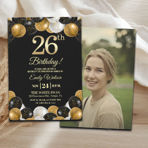 Elegant Black Gold Glitter 26th Birthday Photo Invitation
