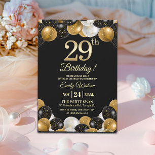 Elegant Black Gold Glitter 29th Birthday Party Invitation