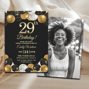 Elegant Black Gold Glitter 29th Birthday Photo Invitation