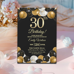 Elegant Black Gold Glitter 30th Birthday Party Invitation