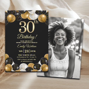 Elegant Black Gold Glitter 30th Birthday Photo Invitation